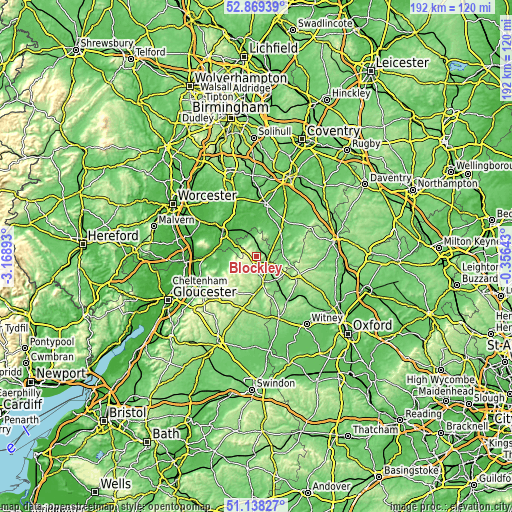 Topographic map of Blockley