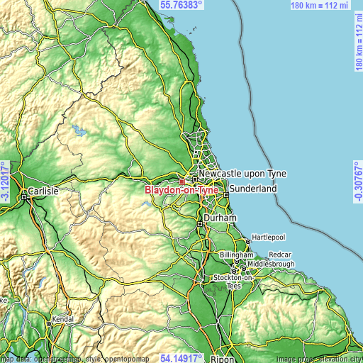 Topographic map of Blaydon-on-Tyne