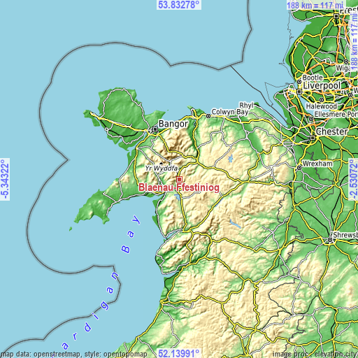 Topographic map of Blaenau-Ffestiniog