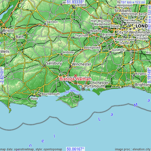 Topographic map of Bishops Waltham