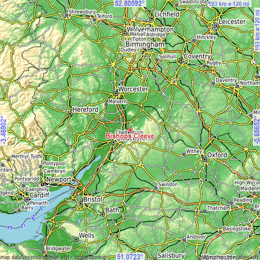 Topographic map of Bishops Cleeve