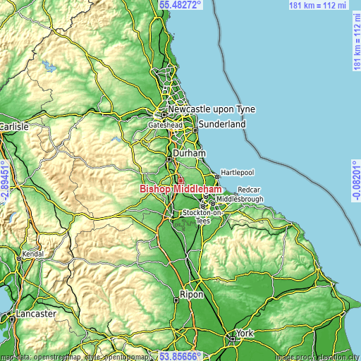 Topographic map of Bishop Middleham