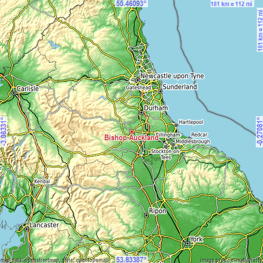 Topographic map of Bishop Auckland