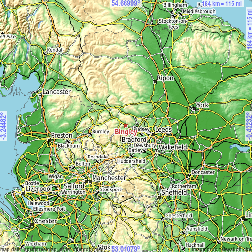 Topographic map of Bingley