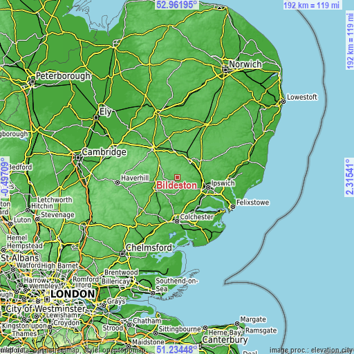 Topographic map of Bildeston