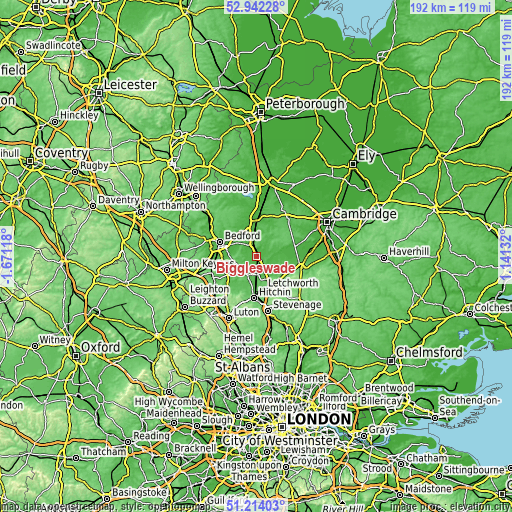 Topographic map of Biggleswade