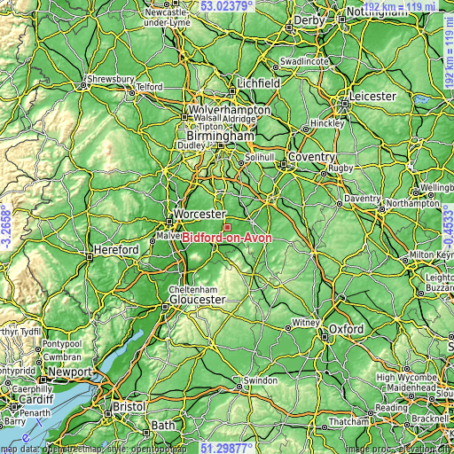 Topographic map of Bidford-on-Avon