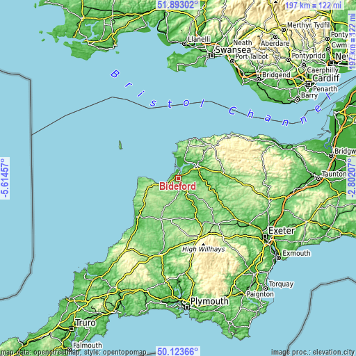 Topographic map of Bideford