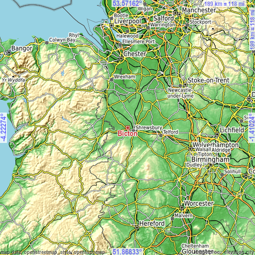 Topographic map of Bicton