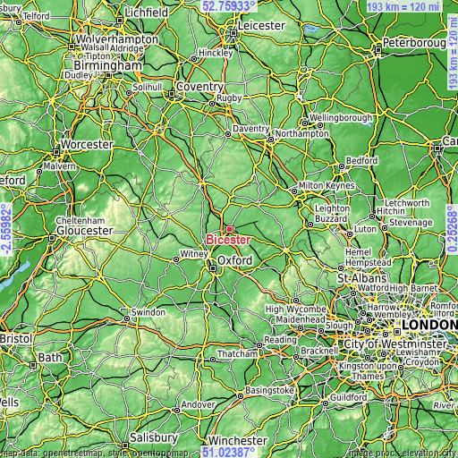 Topographic map of Bicester