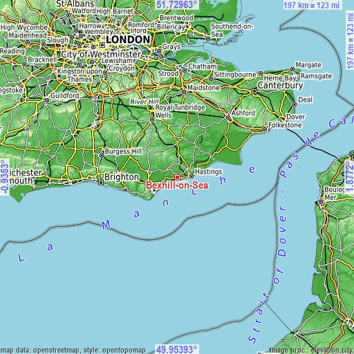 Topographic map of Bexhill-on-Sea