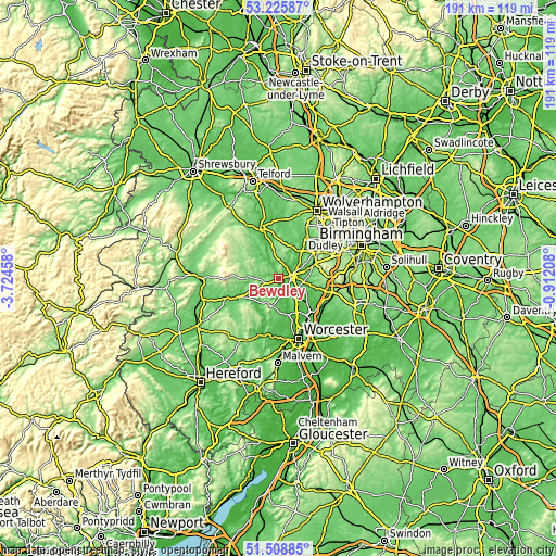 Topographic map of Bewdley