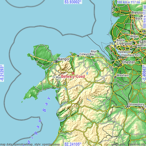 Topographic map of Betws-y-Coed