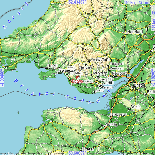 Topographic map of Betws