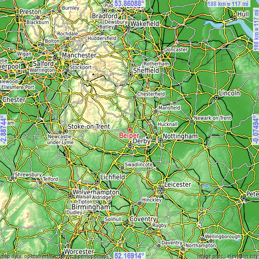Topographic map of Belper