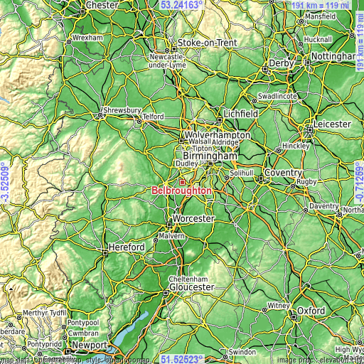 Topographic map of Belbroughton