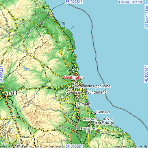 Topographic map of Bedlington