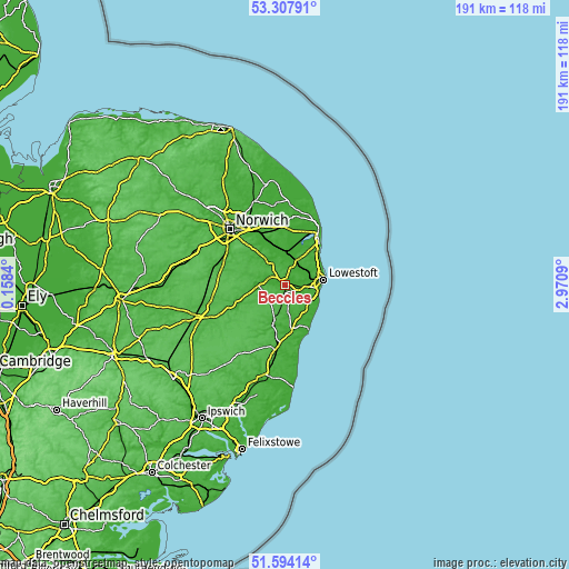 Topographic map of Beccles