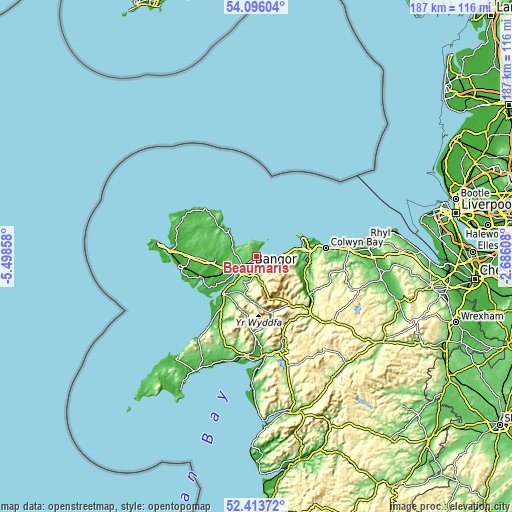 Topographic map of Beaumaris