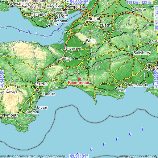 Topographic map of Beaminster