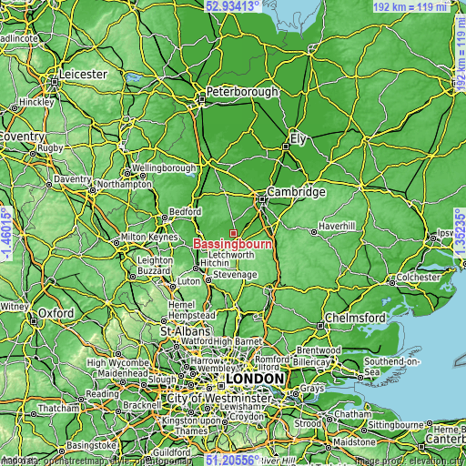 Topographic map of Bassingbourn