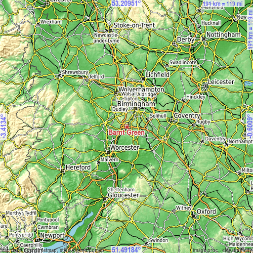 Topographic map of Barnt Green