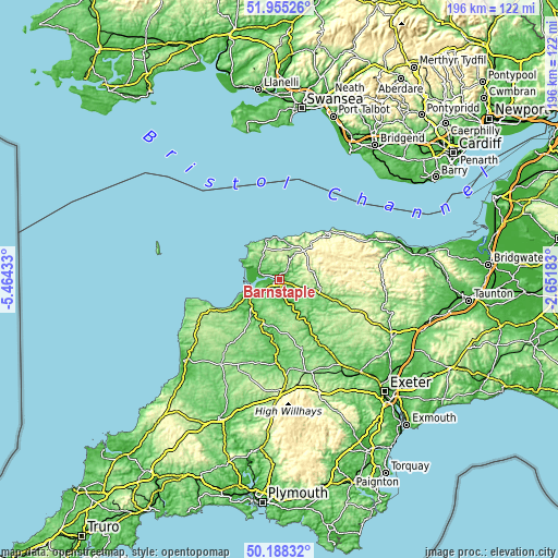 Topographic map of Barnstaple