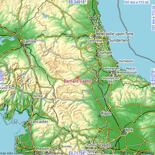 Topographic map of Barnard Castle