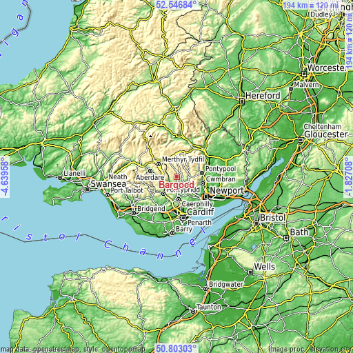 Topographic map of Bargoed