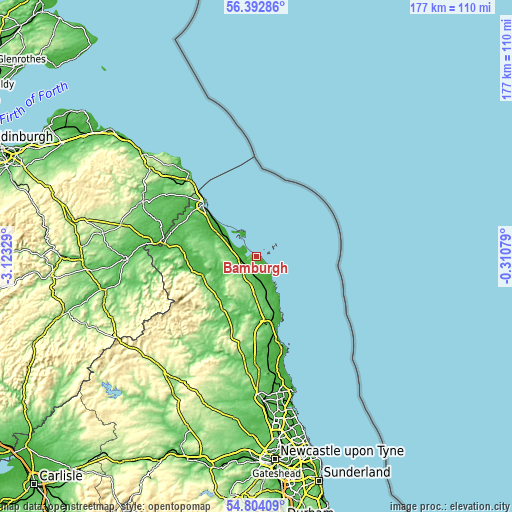 Topographic map of Bamburgh