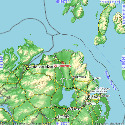 Topographic map of Ballymoney