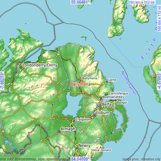 Topographic map of Ballymena