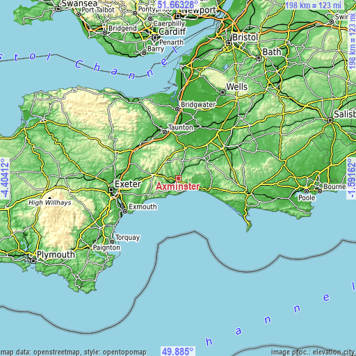 Topographic map of Axminster