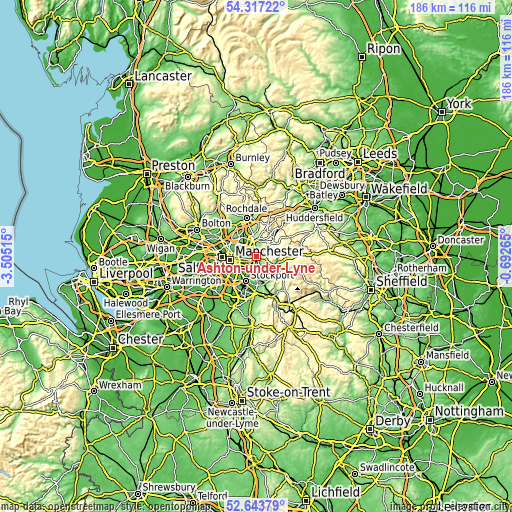 Topographic map of Ashton-under-Lyne