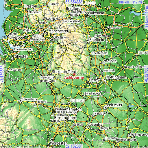 Topographic map of Ashbourne