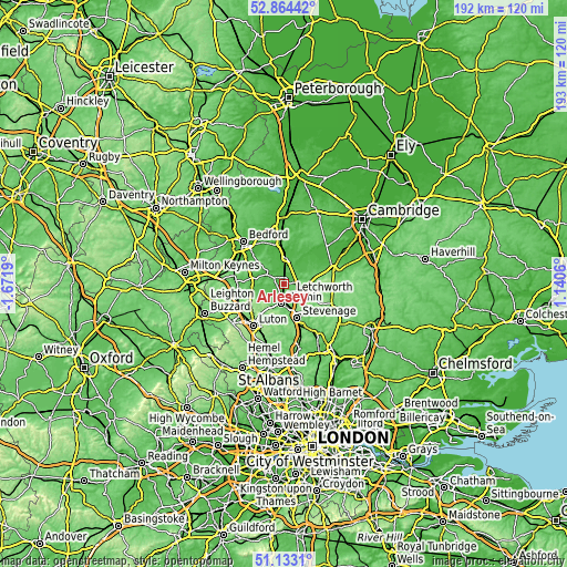 Topographic map of Arlesey