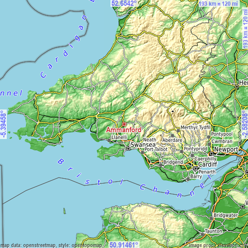 Topographic map of Ammanford