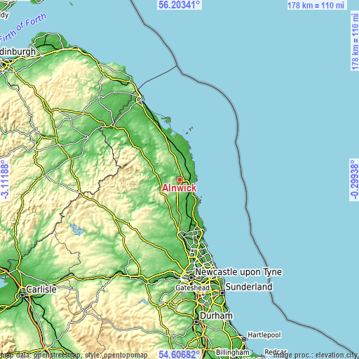 Topographic map of Alnwick