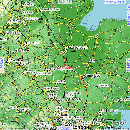 Topographic map of Alconbury