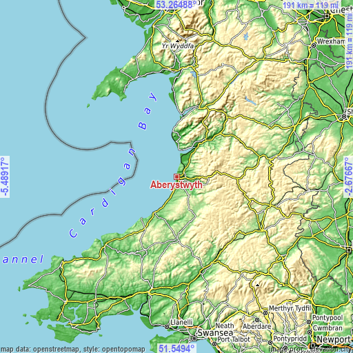 Topographic map of Aberystwyth