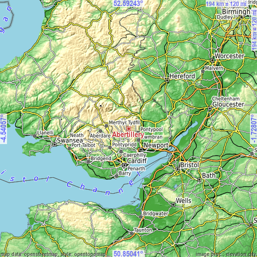 Topographic map of Abertillery