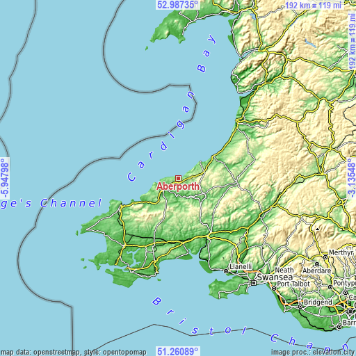 Topographic map of Aberporth