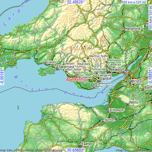 Topographic map of Aberkenfig