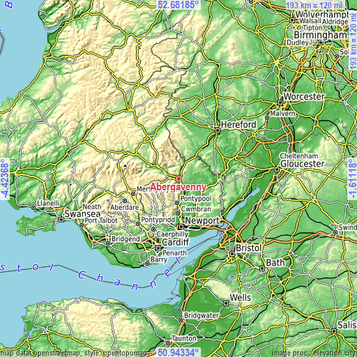 Topographic map of Abergavenny