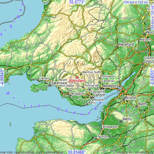 Topographic map of Aberdare