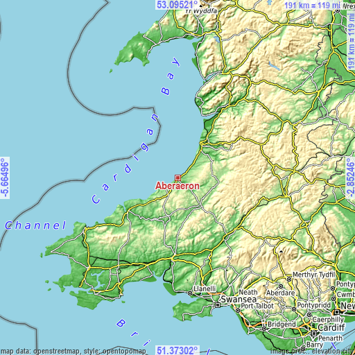 Topographic map of Aberaeron