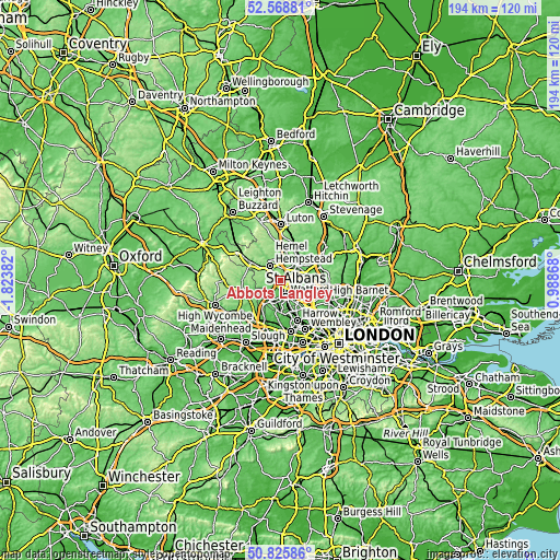 Topographic map of Abbots Langley