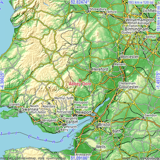 Topographic map of Abbey Dore