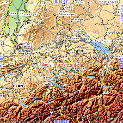 Topographic map of Zürich (Kreis 7) / Witikon