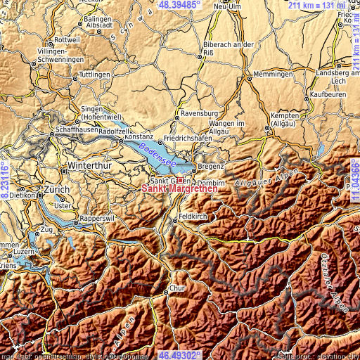 Topographic map of Sankt Margrethen